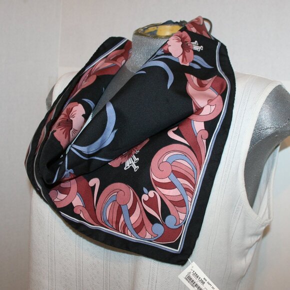 Vtg Carson Pirie Scott & Co Black/Pink/Blue Abstract Floral Silk Scarf - Picture 5 of 7